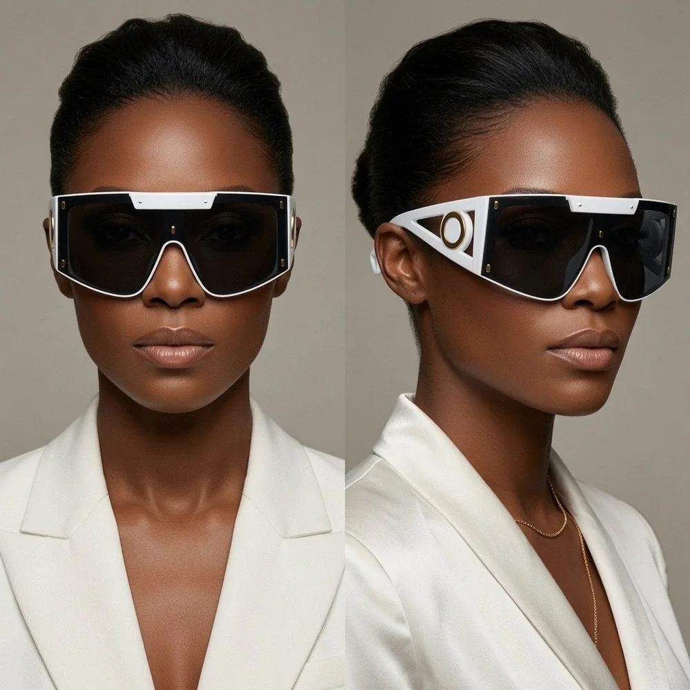 Women White‎ Shield Sunglasses Oversized Futuristic Geometric Cutout Wrap Lenses